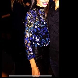 Self Portrait Floral long sleeve top blouse blue black lace size US 0 UK 4